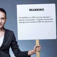 Warning sign stating 120V output will damage 230V Australian electronics