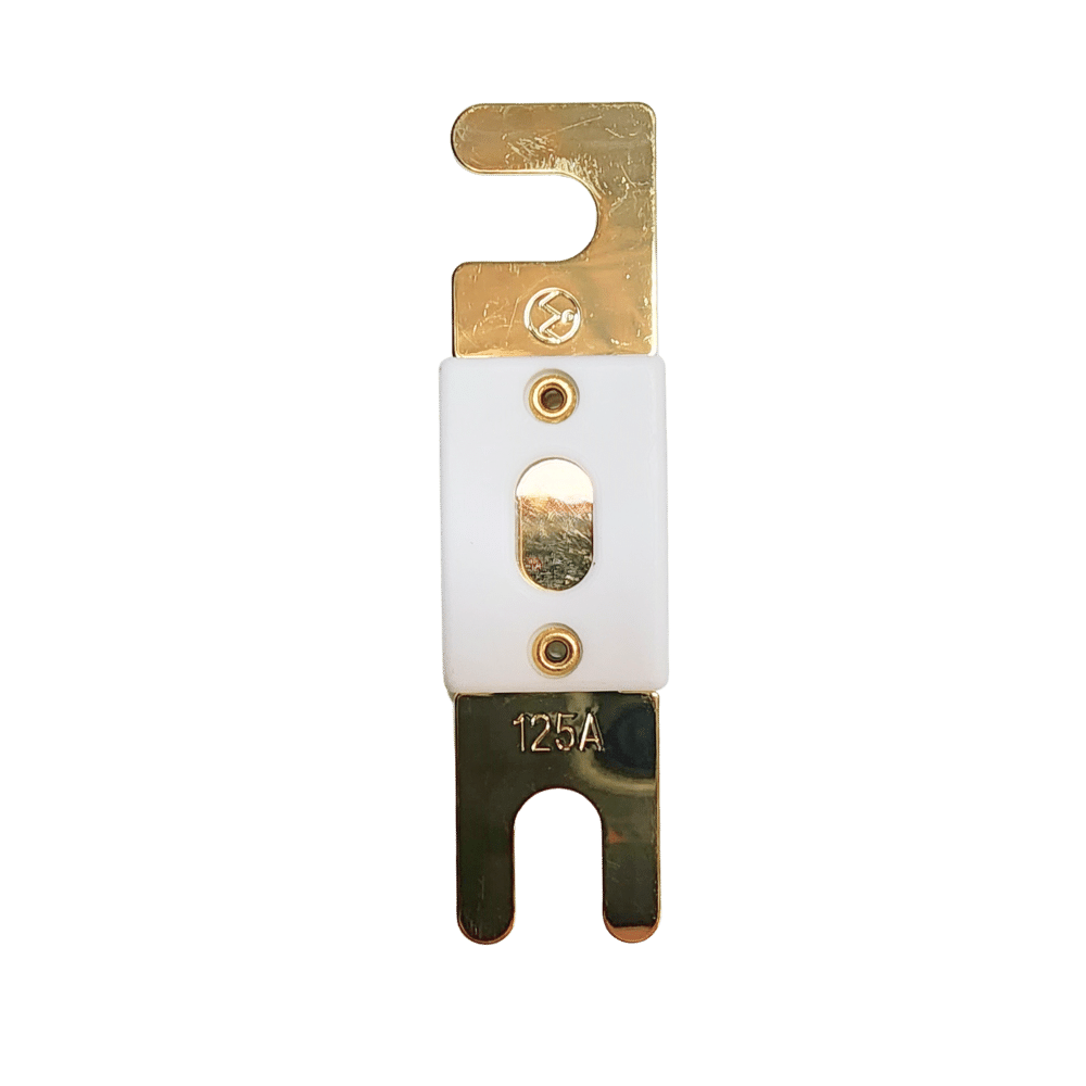 Top view of 125A ANL fuse with gold-plated terminals and white ceramic housing with inspection window