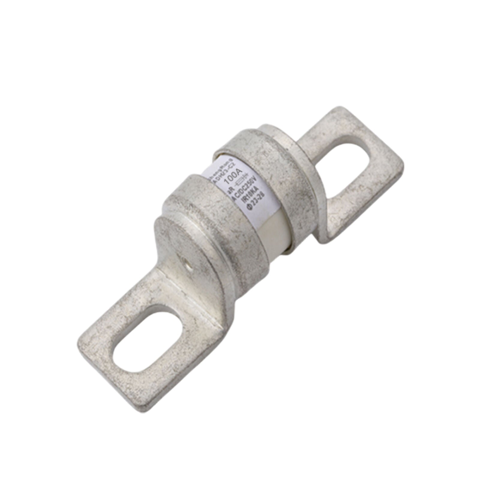 Angled view of 125A MEGA-style ceramic fuse showing metal terminals and printed rating specifications