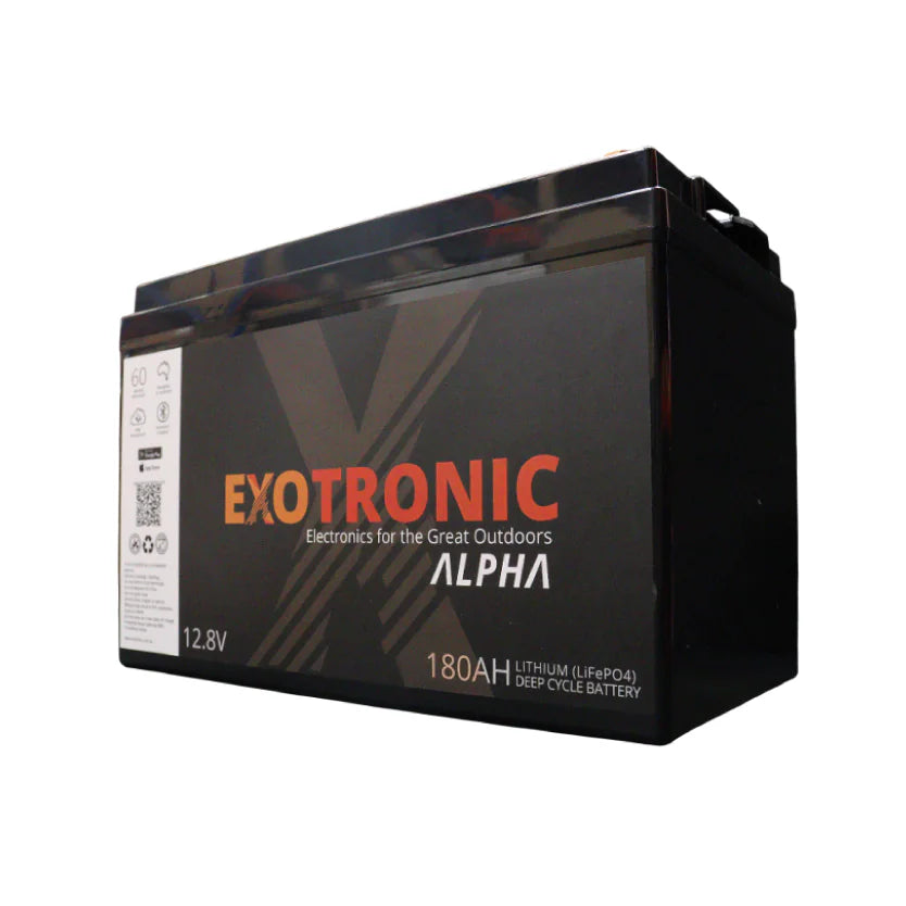 Angled front view of 12V 180Ah lithium deep cycle battery with black ABS case