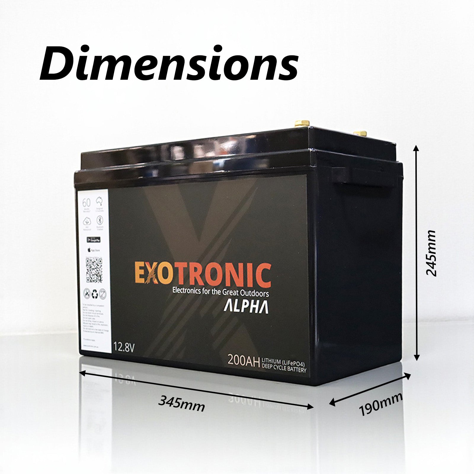 Dimensions diagram of the 200Ah battery indicating height 245mm, width 190mm and length 345mm
