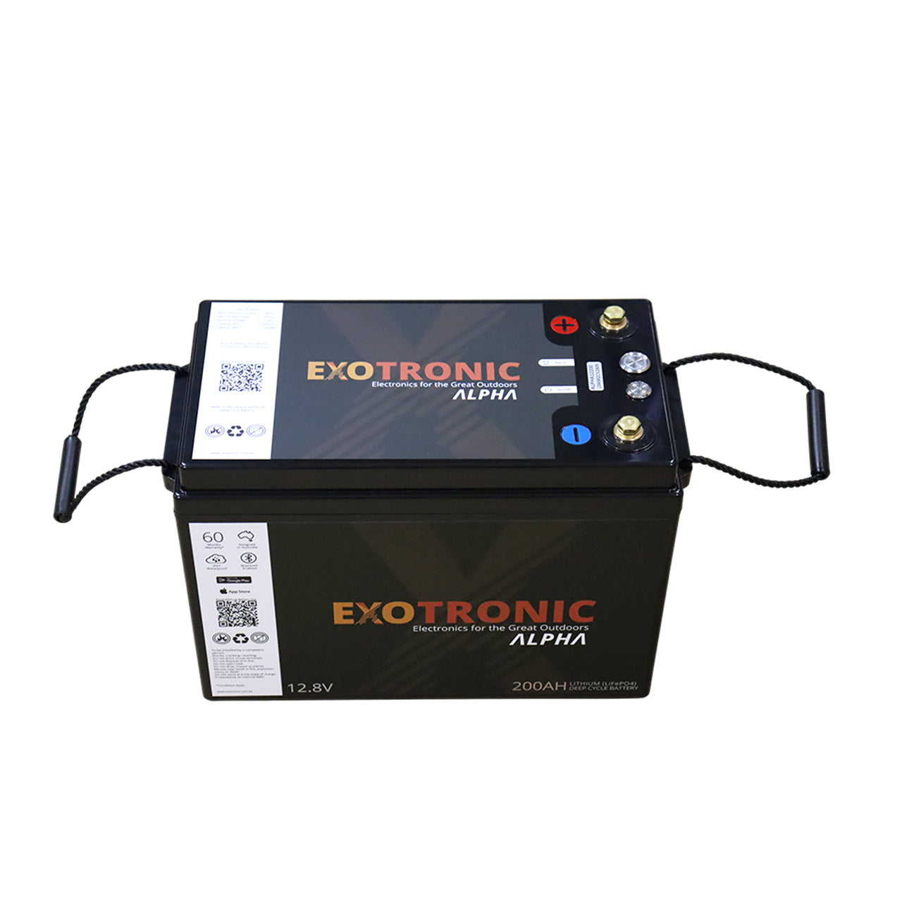 Front and top view of Exotronic 200Ah lithium battery featuring durable rope carry handles and top terminal access