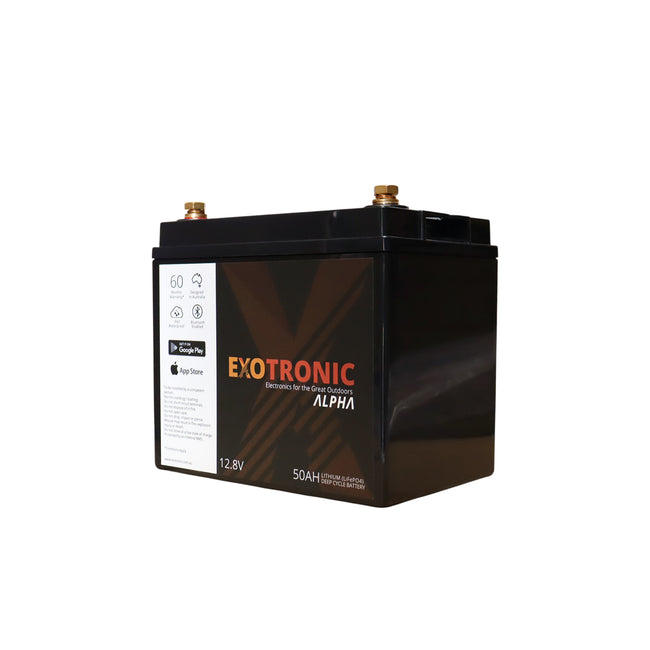 Exotronic 12V 50Ah lithium battery in black ABS case with front branding and certification labels