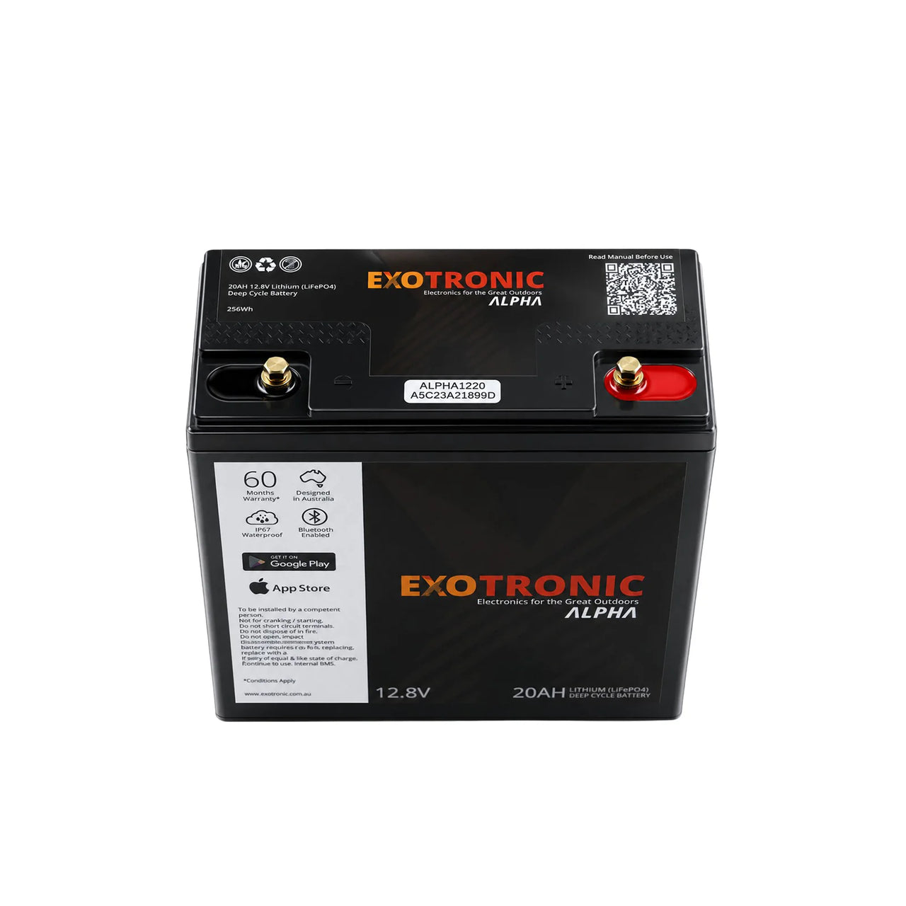Top angled view of the battery lid showing M6 brass bolt terminals and product identification markings