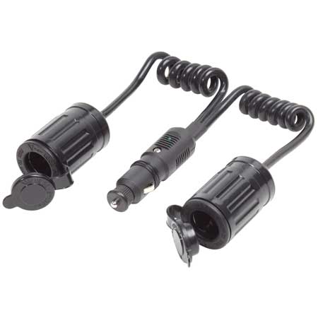 12V cigarette lighter plug with dual extension sockets on coiled cables