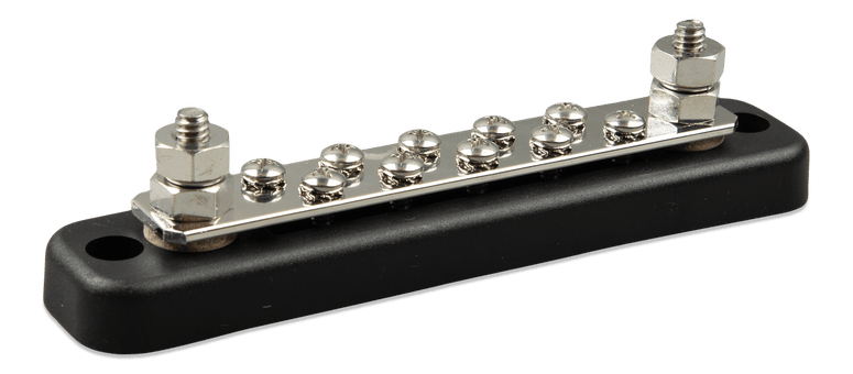 Angled view of 150A busbar showing tin-plated copper strip and stainless steel terminals