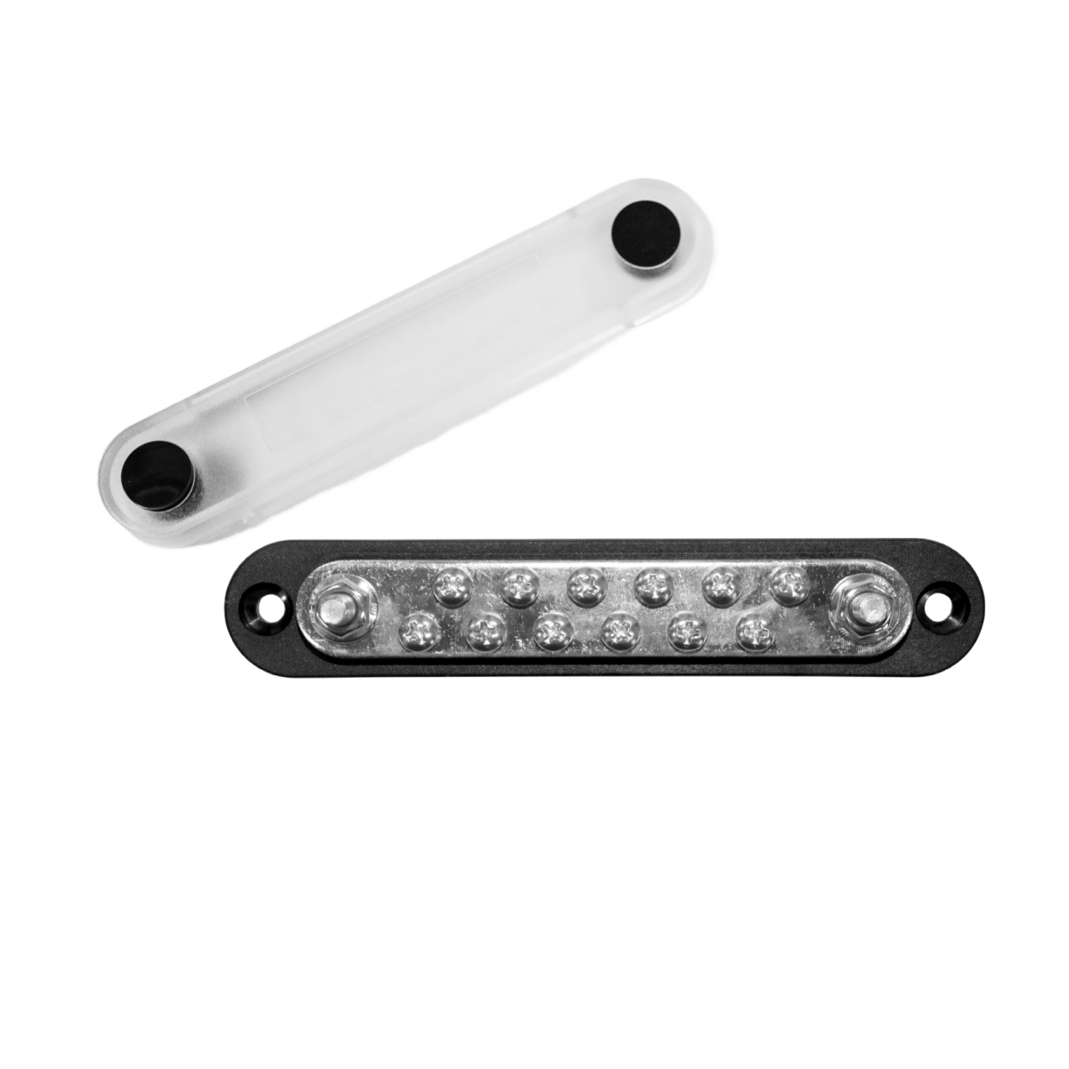 Exotronic 150A busbar kit showing black base, twelve screws, two M6 studs and clear cover