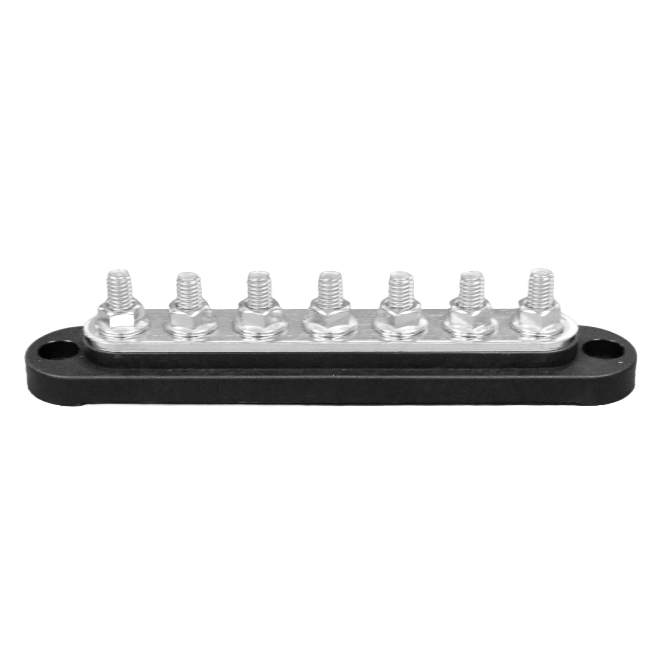 Angled side view of black busbar featuring 7 metal studs on a black base