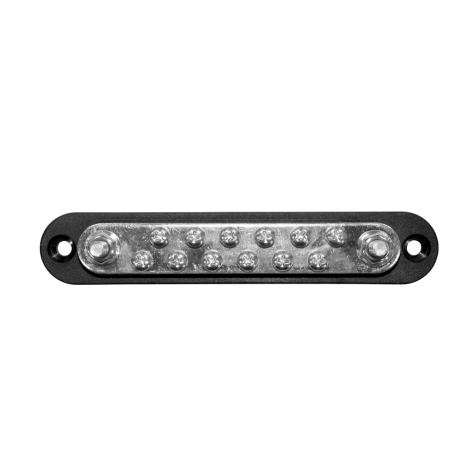 Top view of black busbar with tin-plated copper bus, twelve screws and two terminal studs
