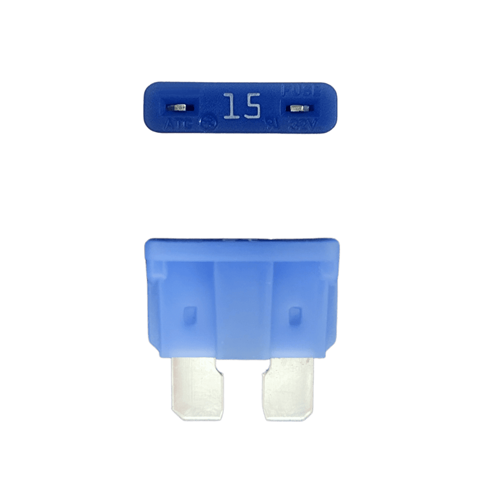 Blue 15A ATO/ATC automotive blade fuse with silver-plated terminals showing top and side profiles