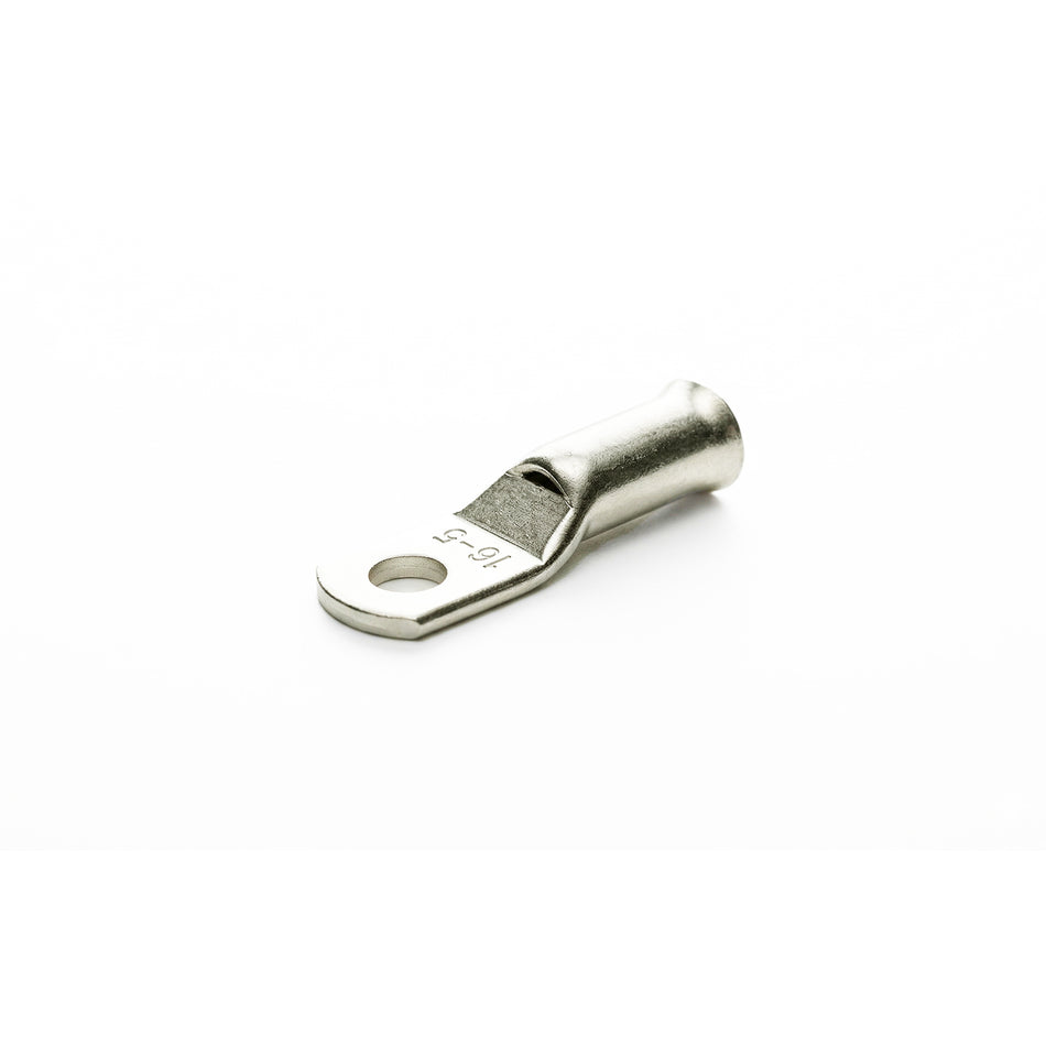 Isometric view of a 16mm2 tinned copper cable lug with M5 stud hole