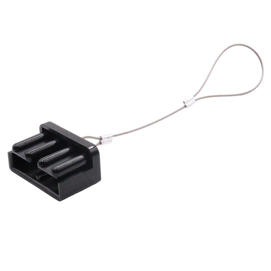 Black plastic dust cover with steel retention lanyard for 175A Anderson plugs