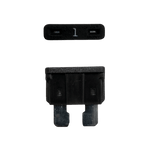Black 1A ATO/ATC automotive blade fuse with silver-plated terminals showing top and side profiles