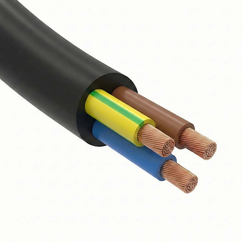Close-up cutaway of flexible mains cable showing black sheath, brown, blue and yellow-green cores with copper strands