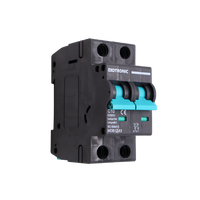 Angled side view of Exotronic 10A 2-Pole DC Circuit Breaker showing teal switches and C10 ratings