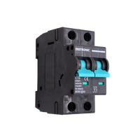 Angled side view of Exotronic 16A 2-Pole DC Circuit Breaker showing teal switches and C16 ratings