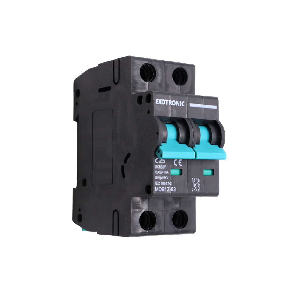 Angled side view of Exotronic 25A 2-Pole DC Circuit Breaker showing teal switches and 25A ratings