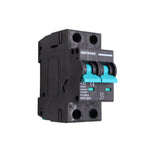 Angled side view of Exotronic 32A 2-Pole DC Circuit Breaker showing teal switches and C32 ratings