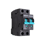 Angled side view of Exotronic 50A 2-Pole DC Circuit Breaker showing teal switches and 50A ratings