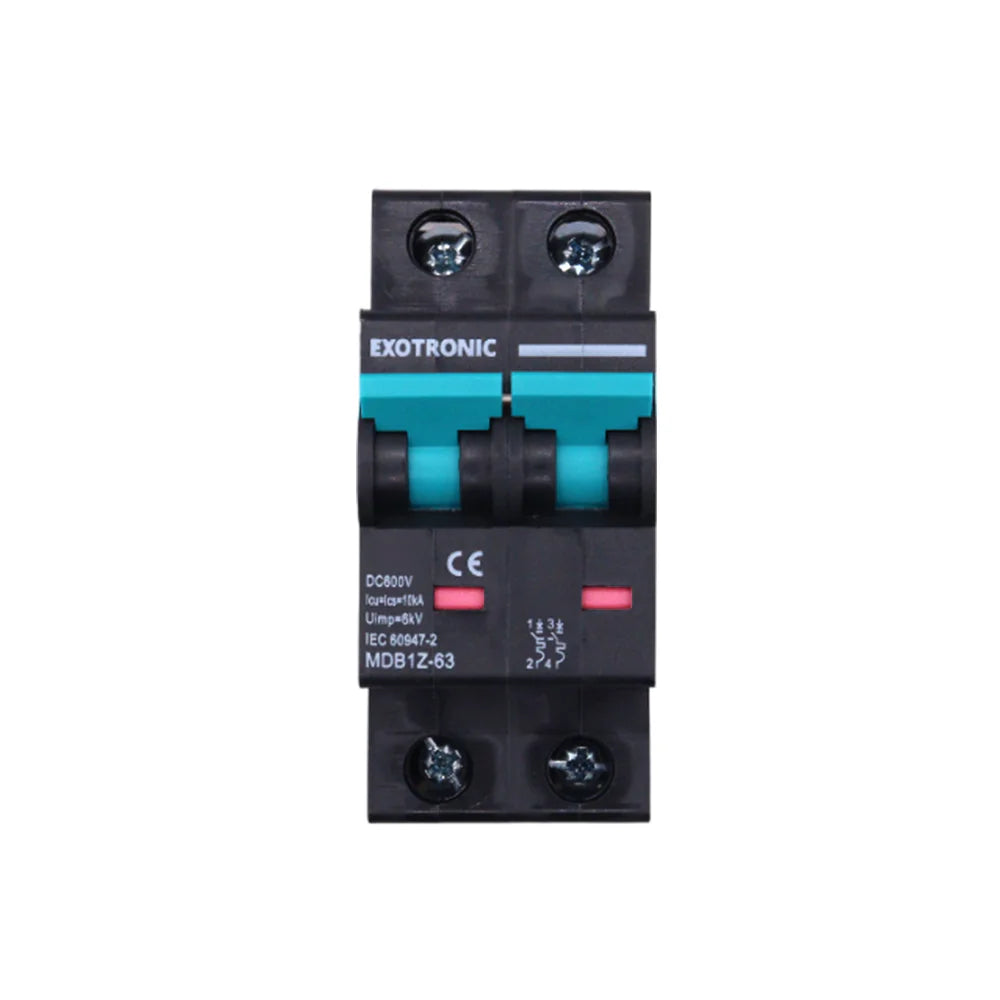 Front view of 10A DC circuit breaker in ON position with red status indicators visible