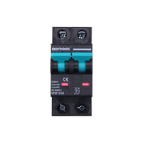 Front view of 10A DC circuit breaker in ON position with red status indicators visible