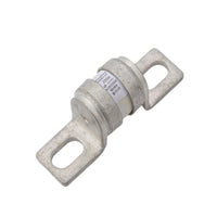 Angled view of 200A MEGA-style ceramic fuse showing metal terminals and printed rating specifications