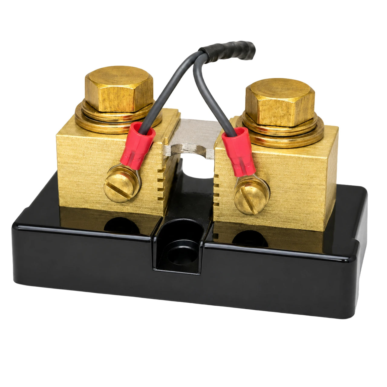 Side profile of a 200A 50mV DC current shunt with brass terminal blocks
