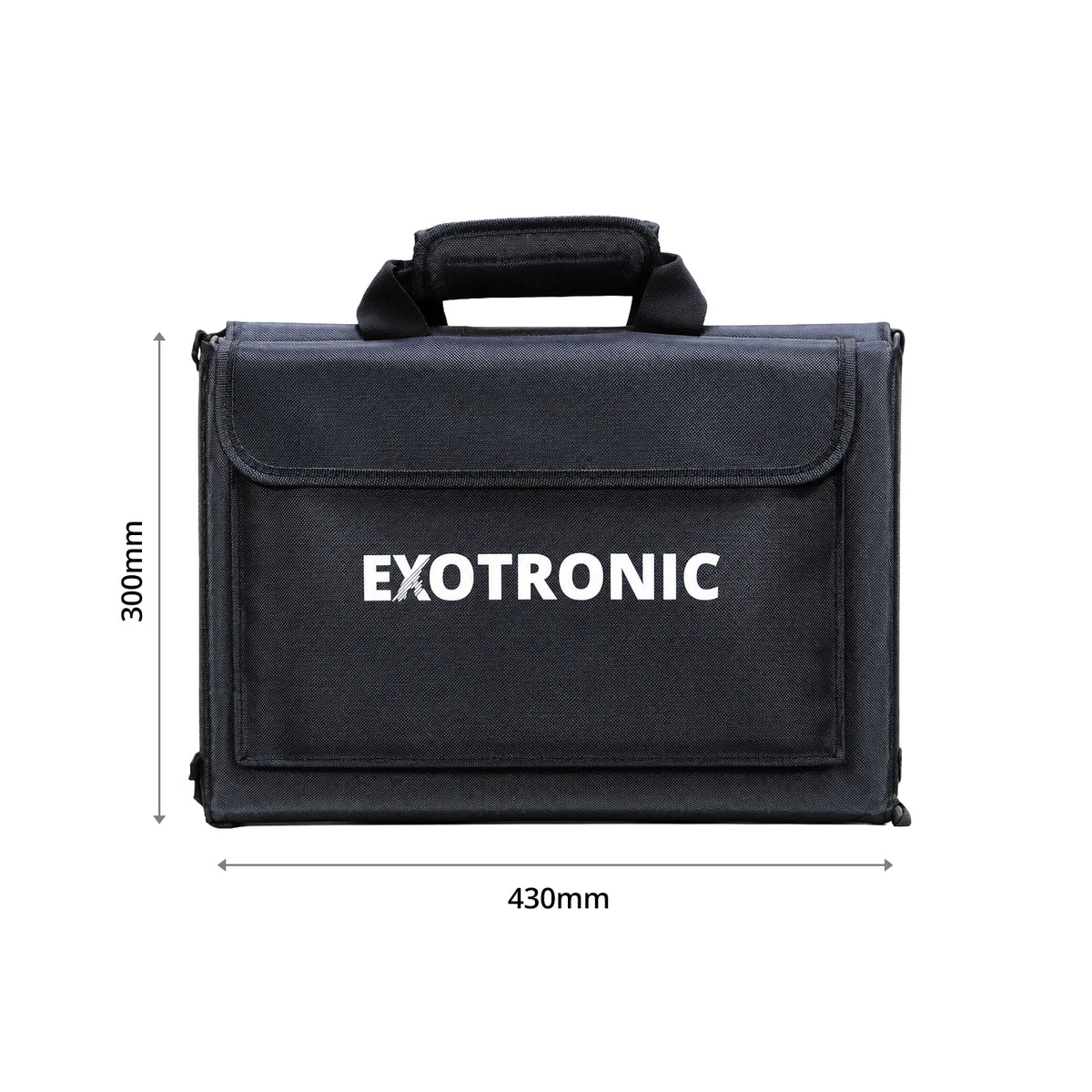 Folded 200W solar blanket carry case showing dimensions of 430mm width and 300mm height