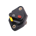 Angled front view of 20A mini panel mount DC circuit breaker with manual reset lever