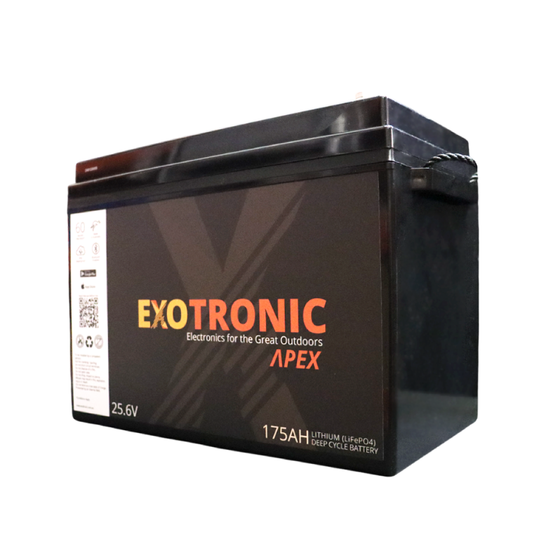 Exotronic 24V 175Ah lithium battery angled view showing black case and orange branding