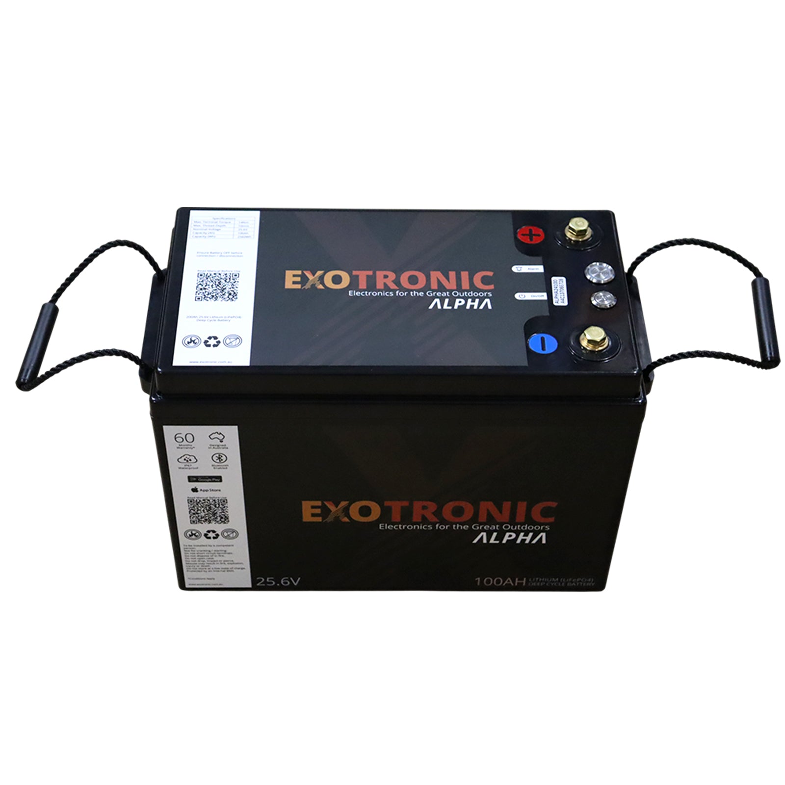 Front view of 24V lithium battery with durable rope carry handles extended on both sides