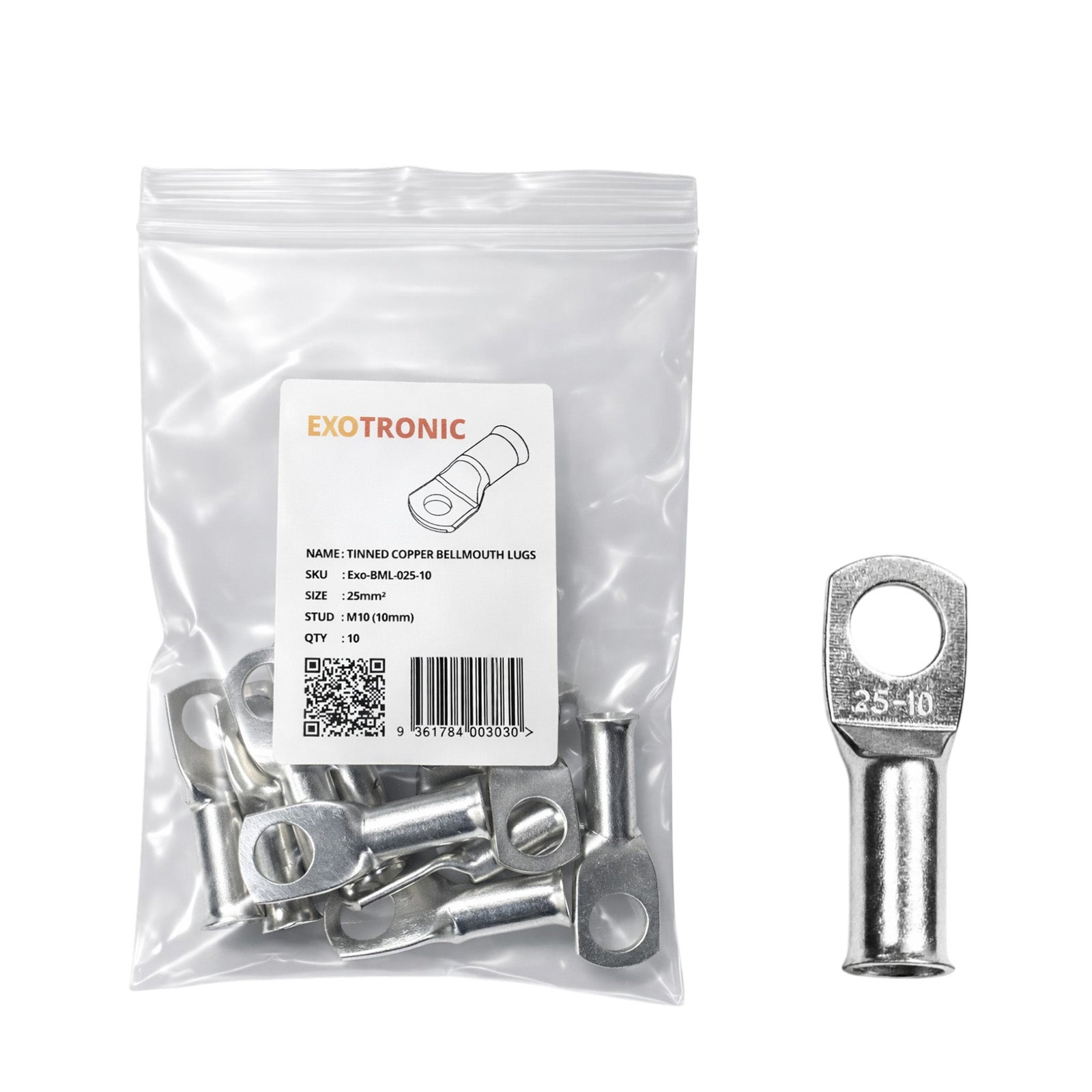10 pack of 25mm² tinned copper bellmouth lugs with M10 stud hole and one loose lug