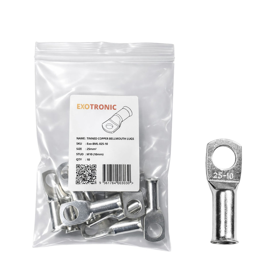 10 pack of 25mm² tinned copper bellmouth lugs with M10 stud hole and one loose lug