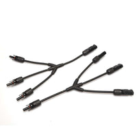 Flat view of a pair of 3-to-1 Y-branch solar connectors with triple inputs merging to single outputs