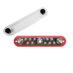 Overhead view of red busbar with three M10 studs, ten screws and detached clear cover