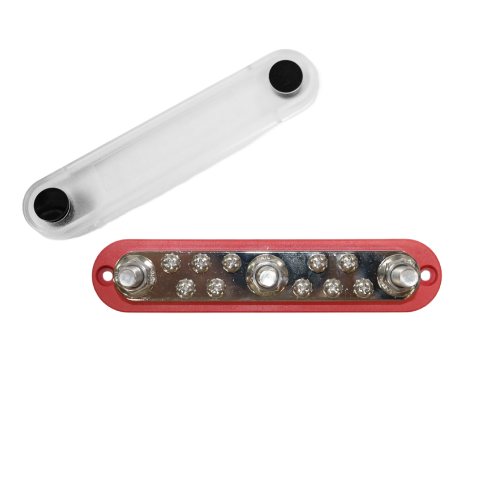 Overhead view of red busbar with three M10 studs, ten screws and detached clear cover