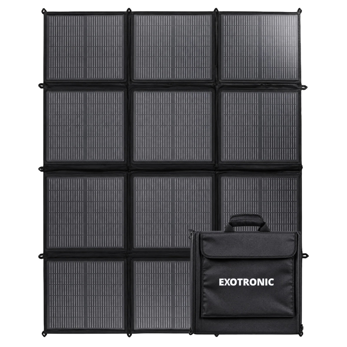 300W folding solar blanket unfolded showing 12 panels and integrated carry bag