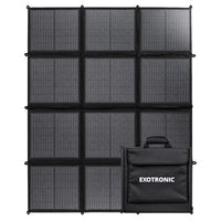 300W folding solar blanket unfolded showing 12 panels and integrated carry bag