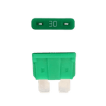 Green 30A ATO/ATC automotive blade fuse with silver-plated terminals showing top and side profiles