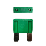 Green 30A maxi blade fuse showing top amperage rating and side profile with silver terminals