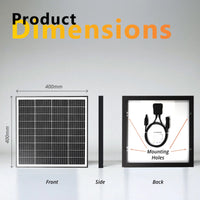 Dimensional drawing of 30W solar panel showing 400mm sides