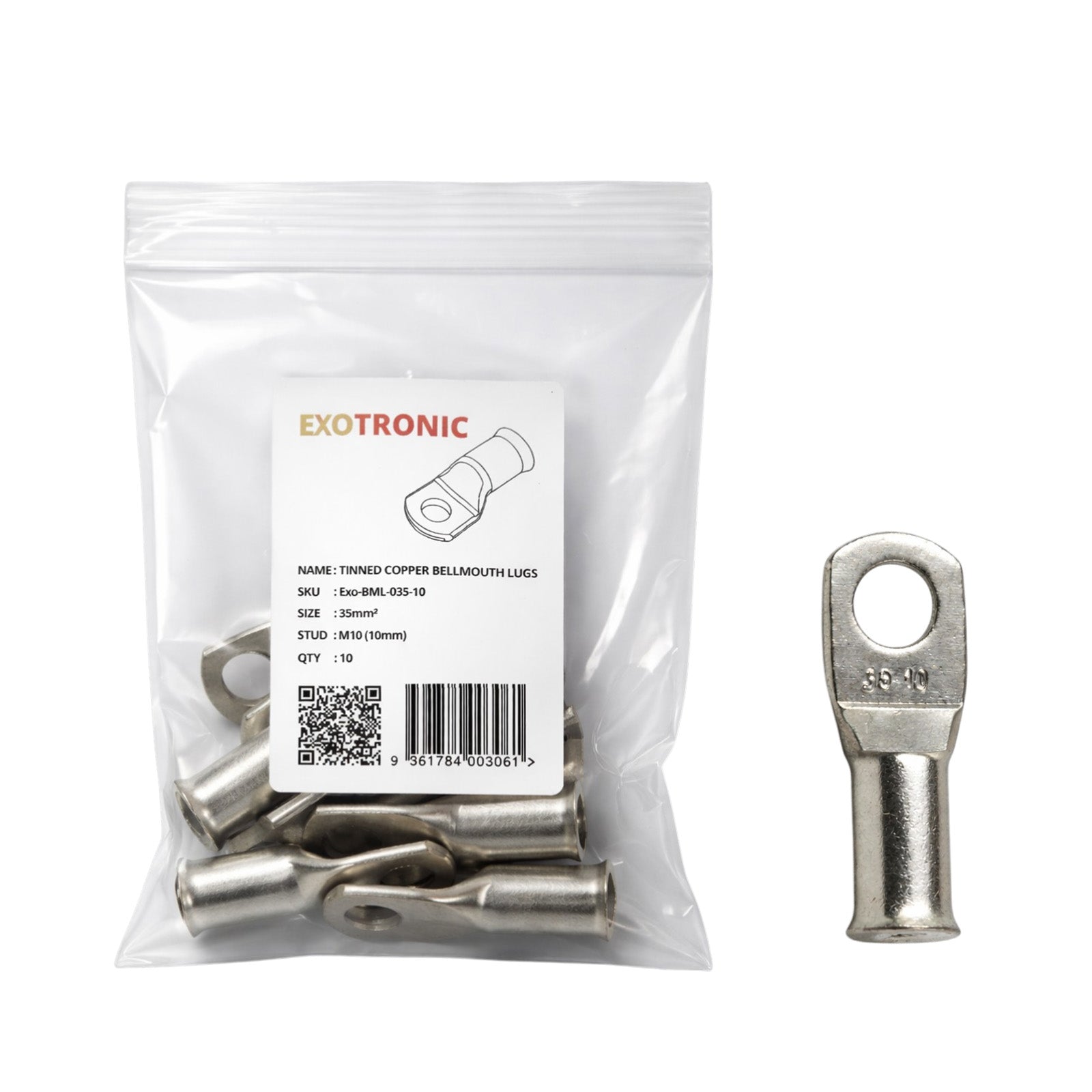 10 pack of 35mm² tinned copper bellmouth lugs with M10 stud hole and one loose lug