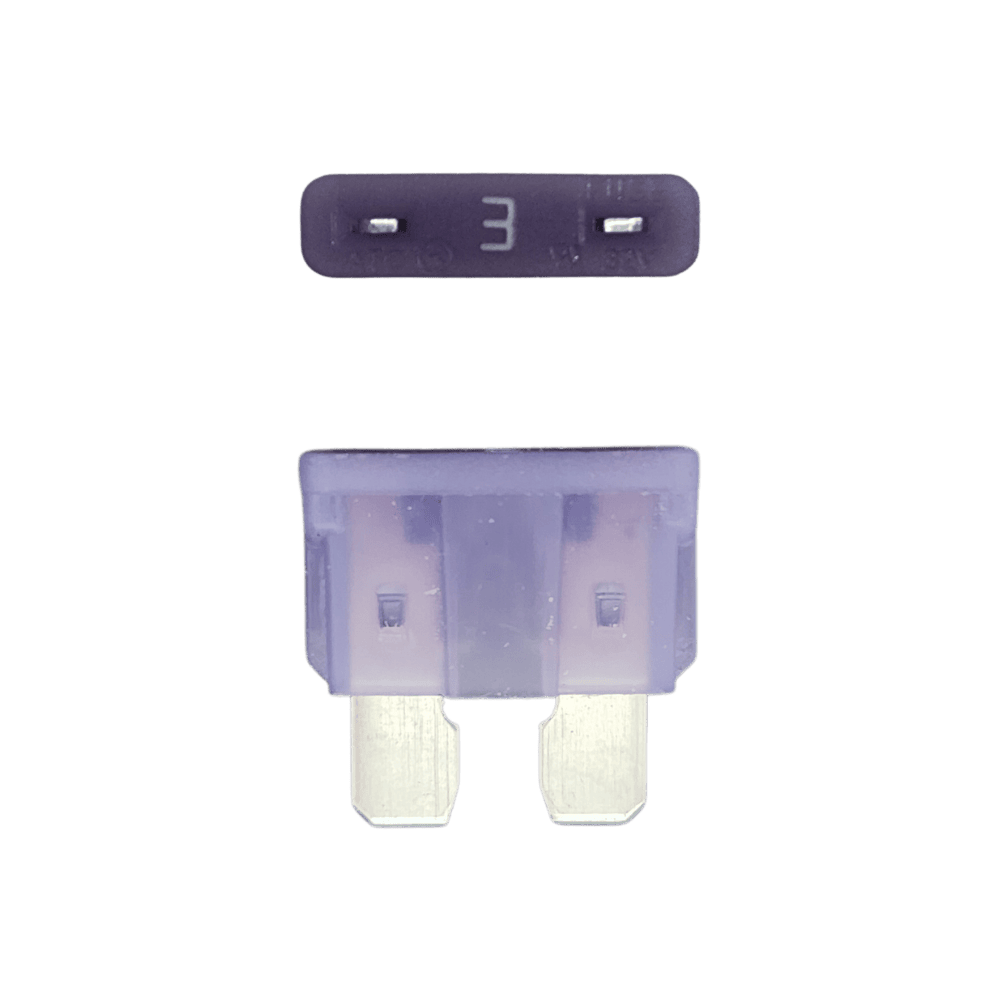 Purple 3A ATO/ATC automotive blade fuse with silver-plated terminals showing top and side profiles