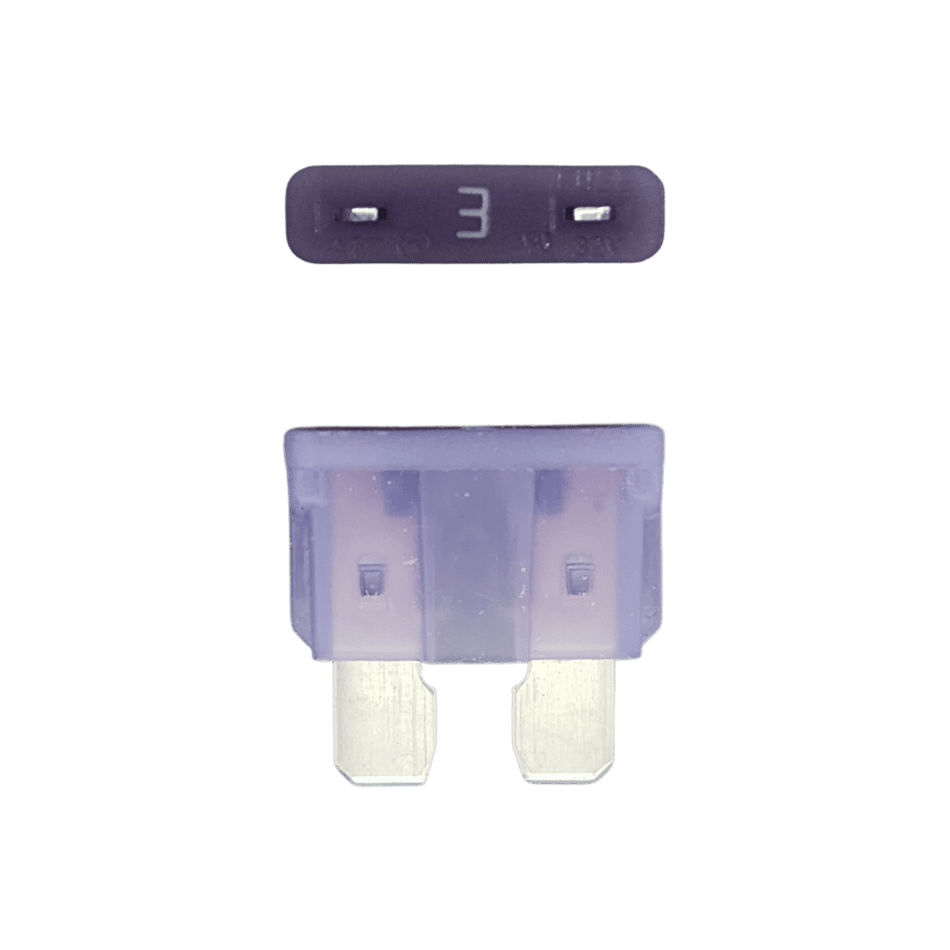 Purple 3A ATO/ATC automotive blade fuse with silver-plated terminals showing top and side profiles