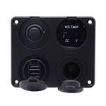 Front view of 4-gang flush mount panel with switch, voltmeter, USB ports and 12V socket