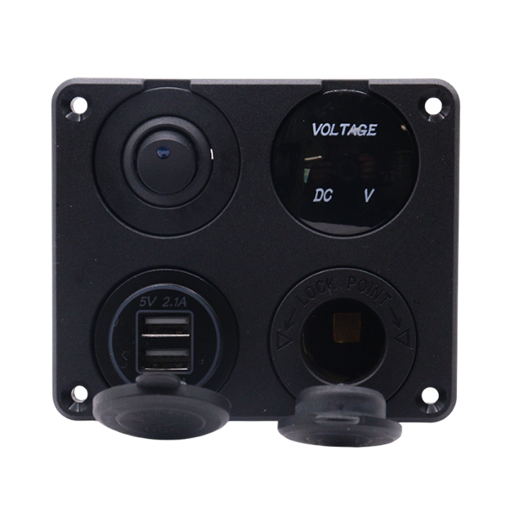Front view of 4-gang flush mount panel with switch, voltmeter, USB ports and 12V socket