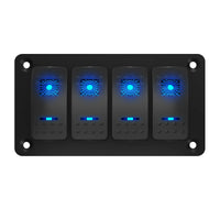 Front view of 4-gang marine rocker switch panel with blue LED indicators and black aluminum faceplate