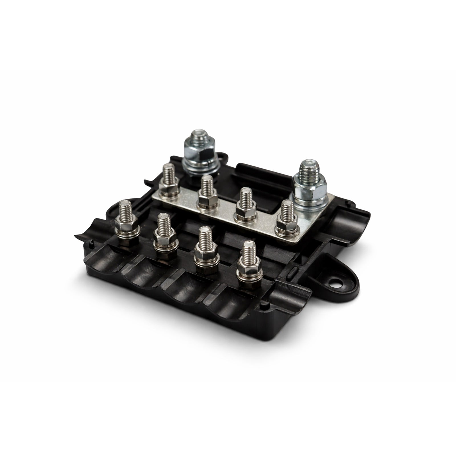 Perspective view of black fuse holder base showing tinned copper busbar and steel studs