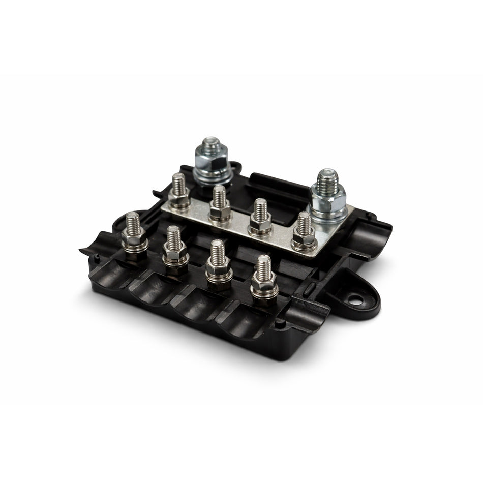 Perspective view of black fuse holder base showing tinned copper busbar and steel studs