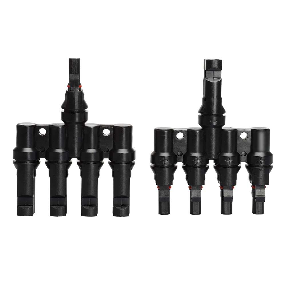 Flat front view of male and female 4-way solar combiners side by side